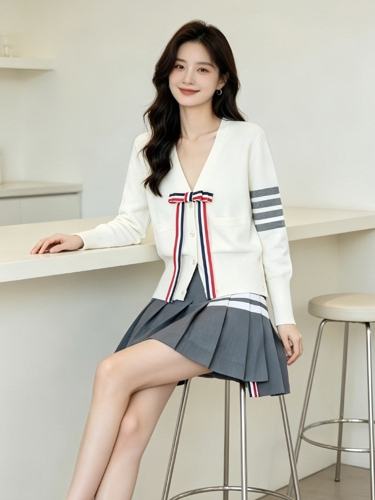 Thom Browne Style White Bow-Front Knit Cardigan
