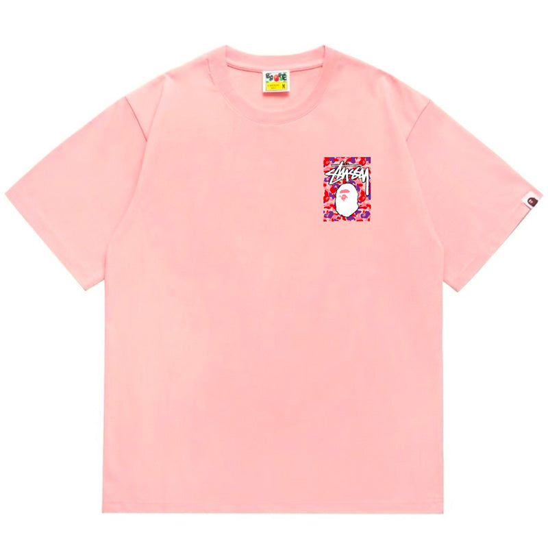 BAPE x Stussy Pink Camo Back Print Men's T-Shirt - Red