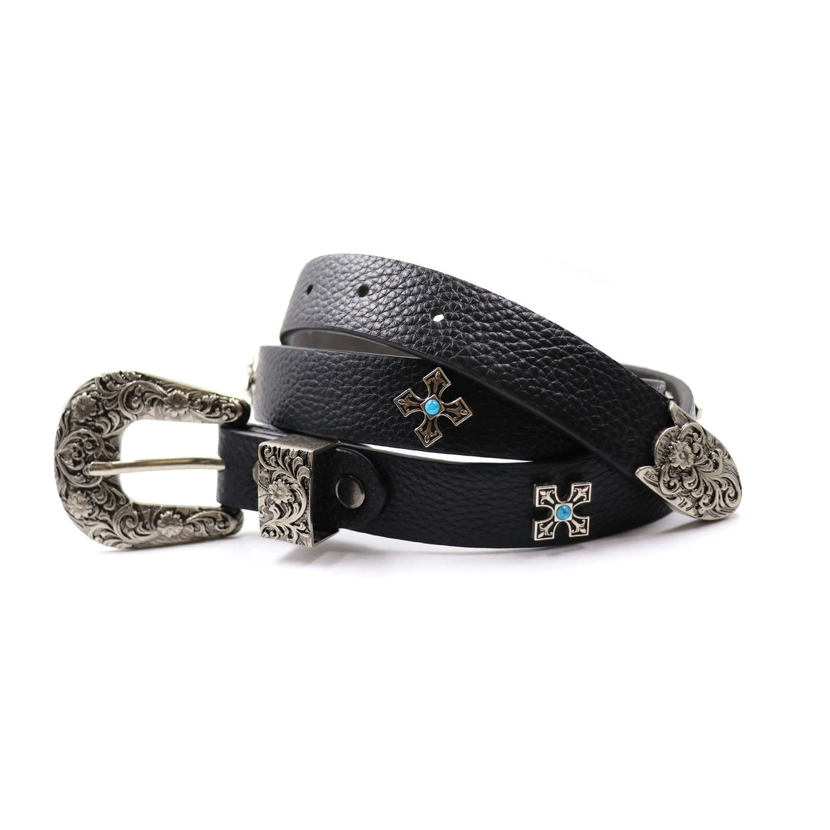 COMPLETE99% Cross Multi-color Stone Daisy Engraved Leather Waist Belt