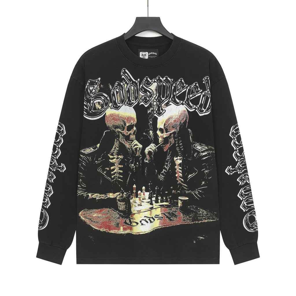 Godspeed Washed Black Skeleton Chess Graphic Long-Sleeve T-Shirt
