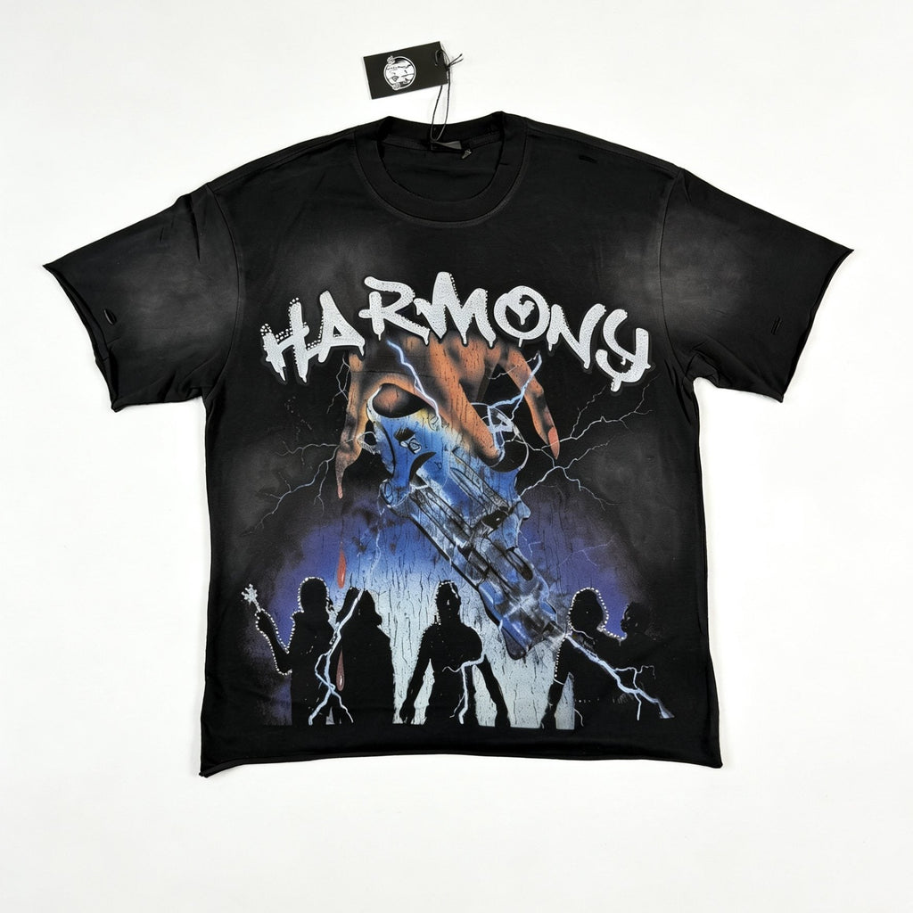 HARMONY New Age Distressed Rhinestone Graphic T-Shirt