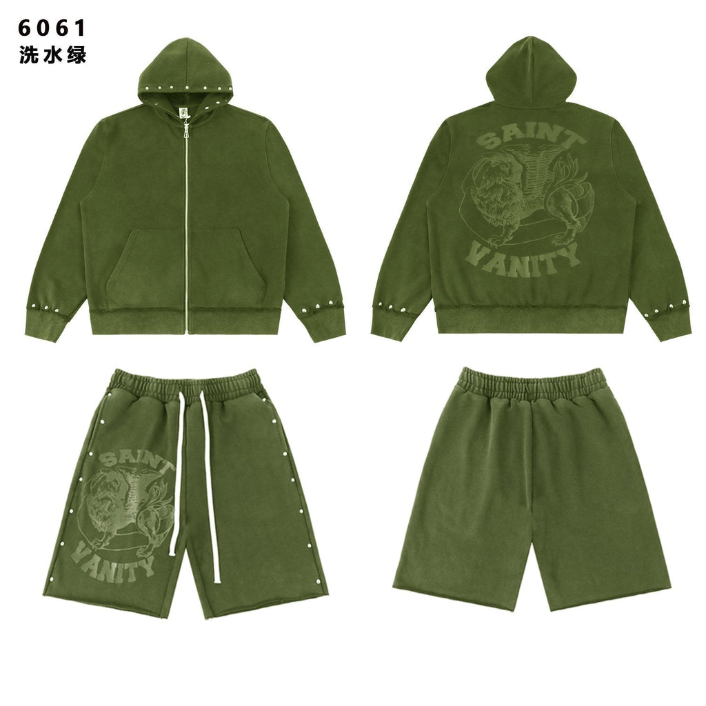 SAINT Washed Animal Graphic Zip Hoodie & Shorts Set