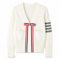 Thom Browne Style White Bow-Front Knit Cardigan