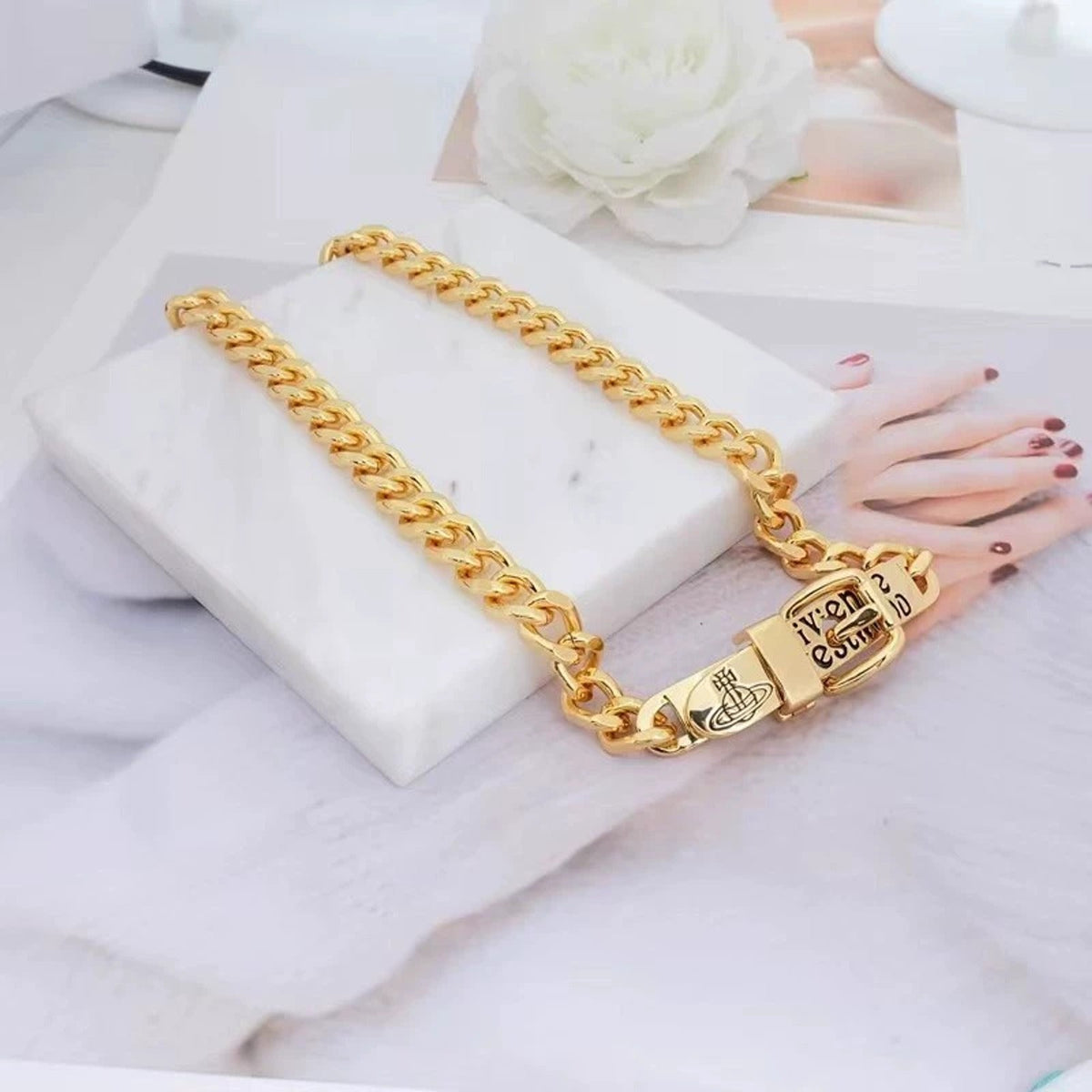 Vivienne Westwood Style Engraved Letter Cuban Chain Necklace