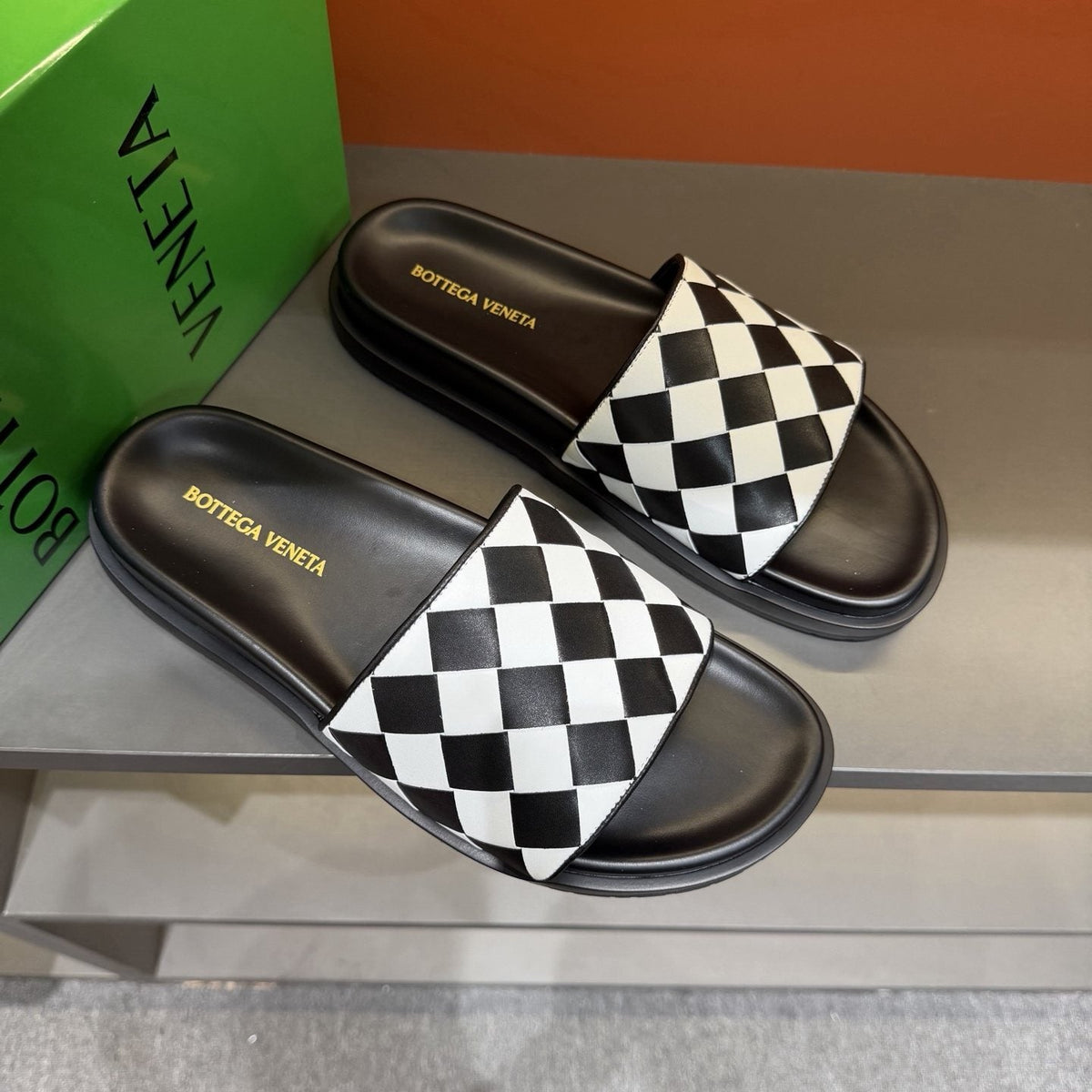 Bottega Veneta Checkerboard Slide Sandals - Black and White