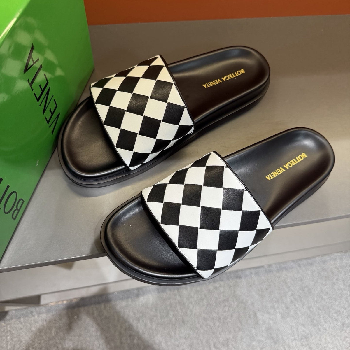Bottega Veneta Checkerboard Slide Sandals - Black and White