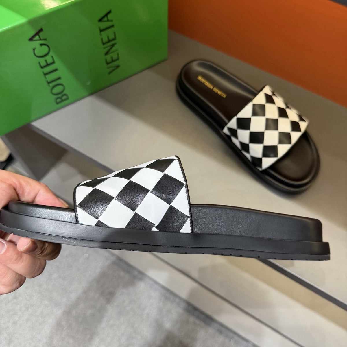 Bottega Veneta Checkerboard Slide Sandals - Black and White