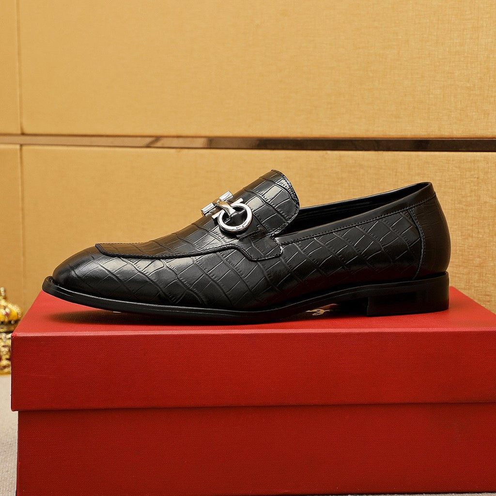 Ferragamo Men's Black Embossed Buckle Loafers - Silver-Tone Hardware