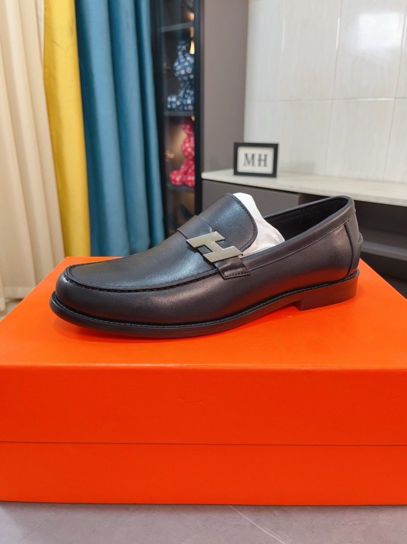 Hermès Men's Black H-Hardware Loafers - Black Leather Upper