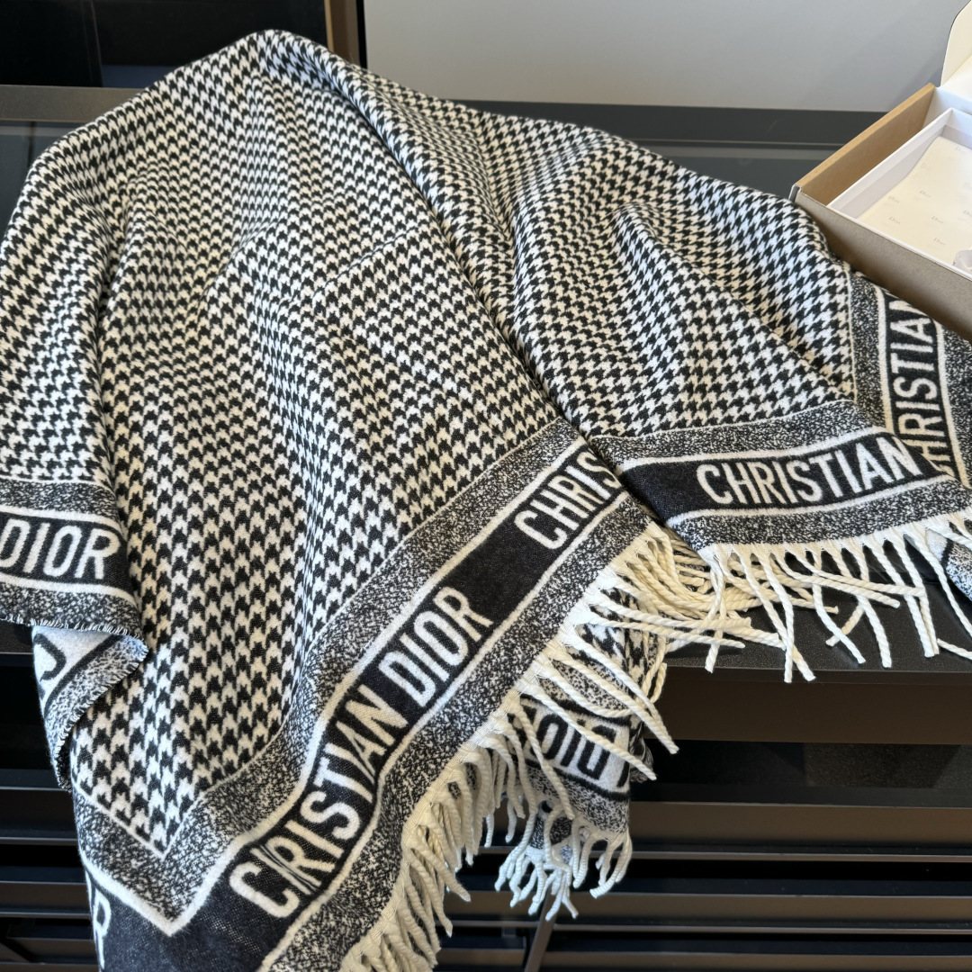 Dior Houndstooth Fringed Square Scarf & Shawl